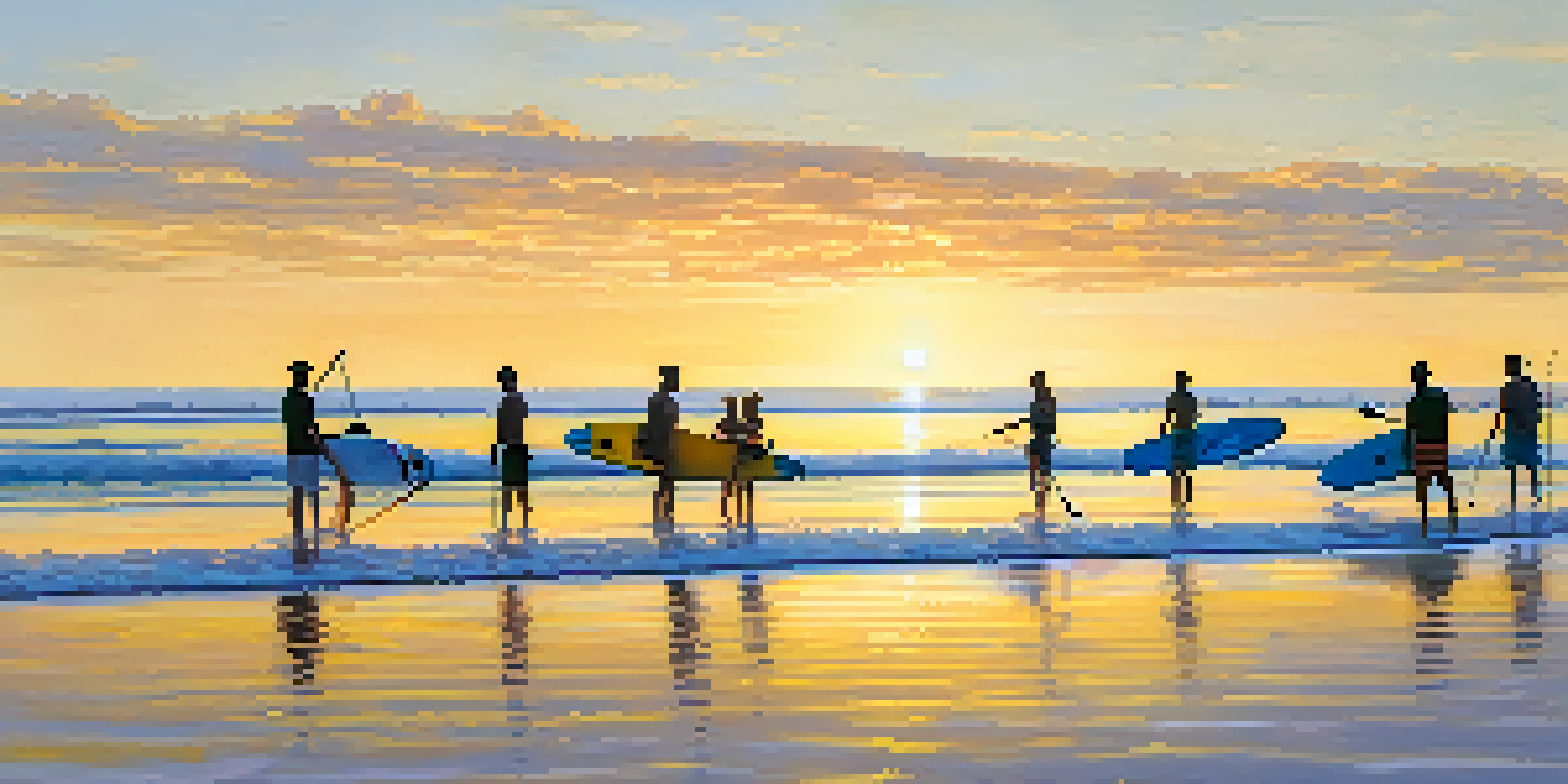 A family paddleboarding in the calm waters of Malibu during sunrise, with golden light reflecting on the ocean and palm trees lining the shore.