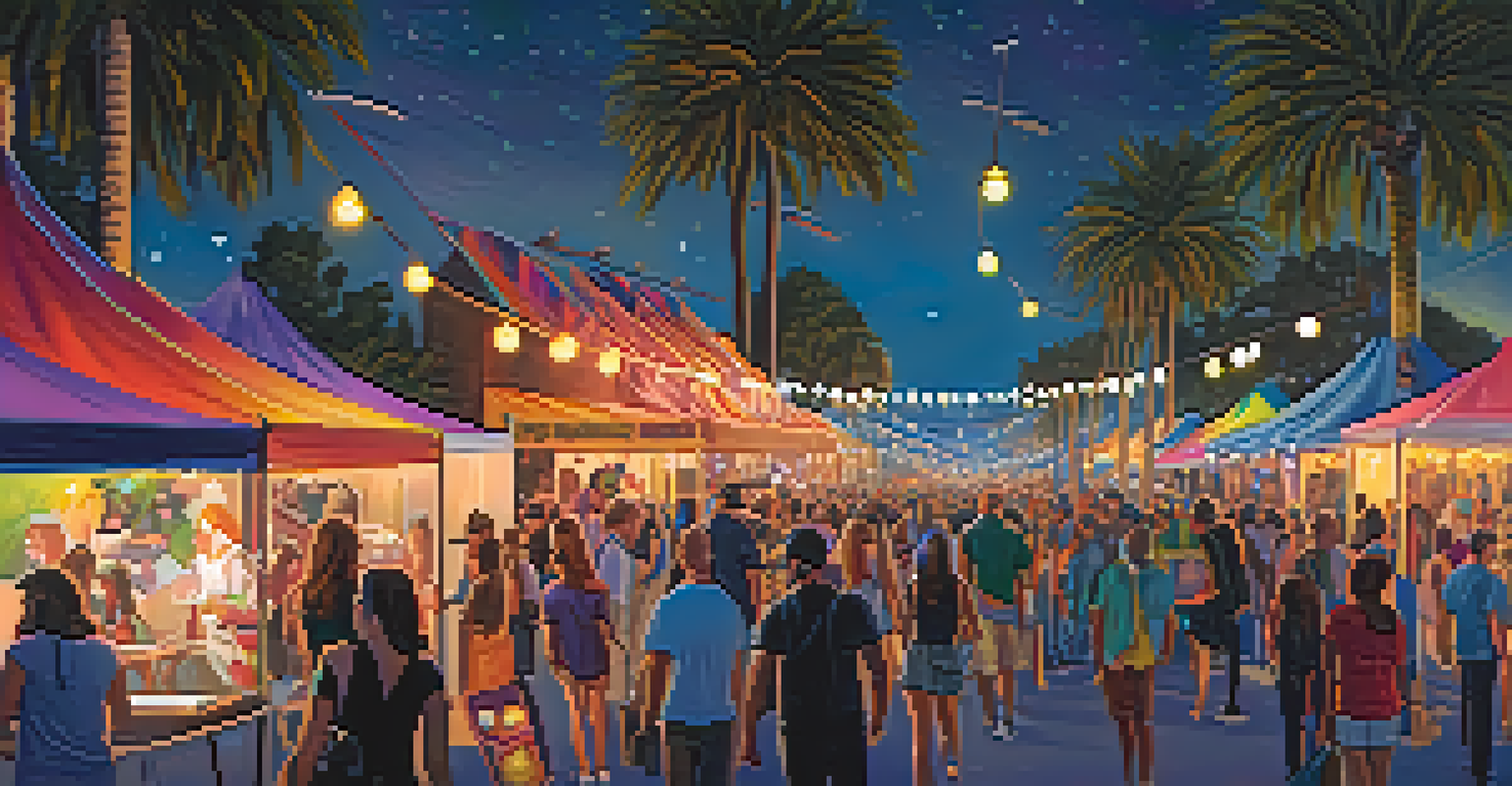 A lively art festival in Malibu with art installations and live music, illuminated by colorful lights in the night sky.