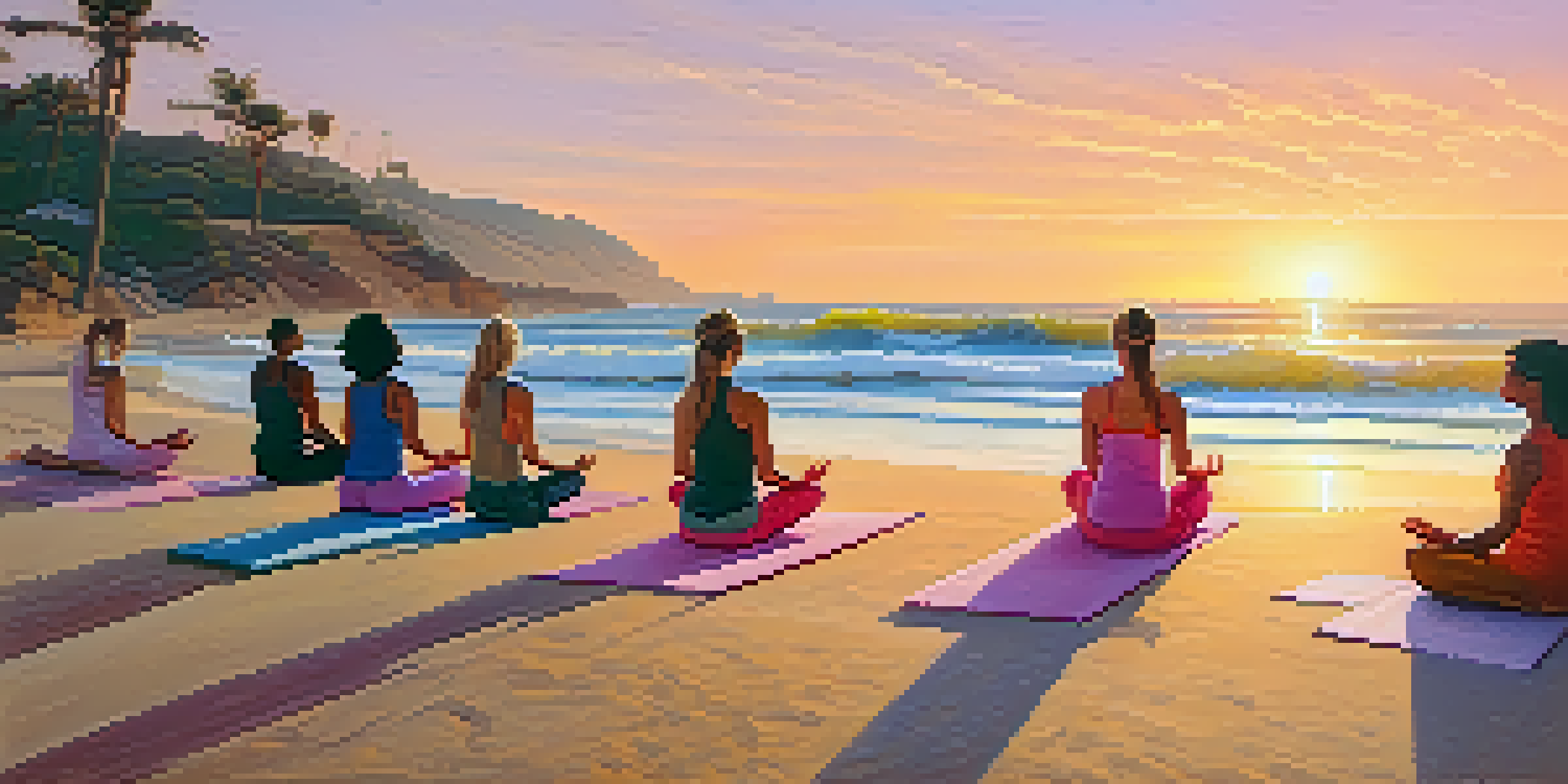 A group of people practicing yoga on the beach during sunrise, with the ocean waves and palm trees in the background.