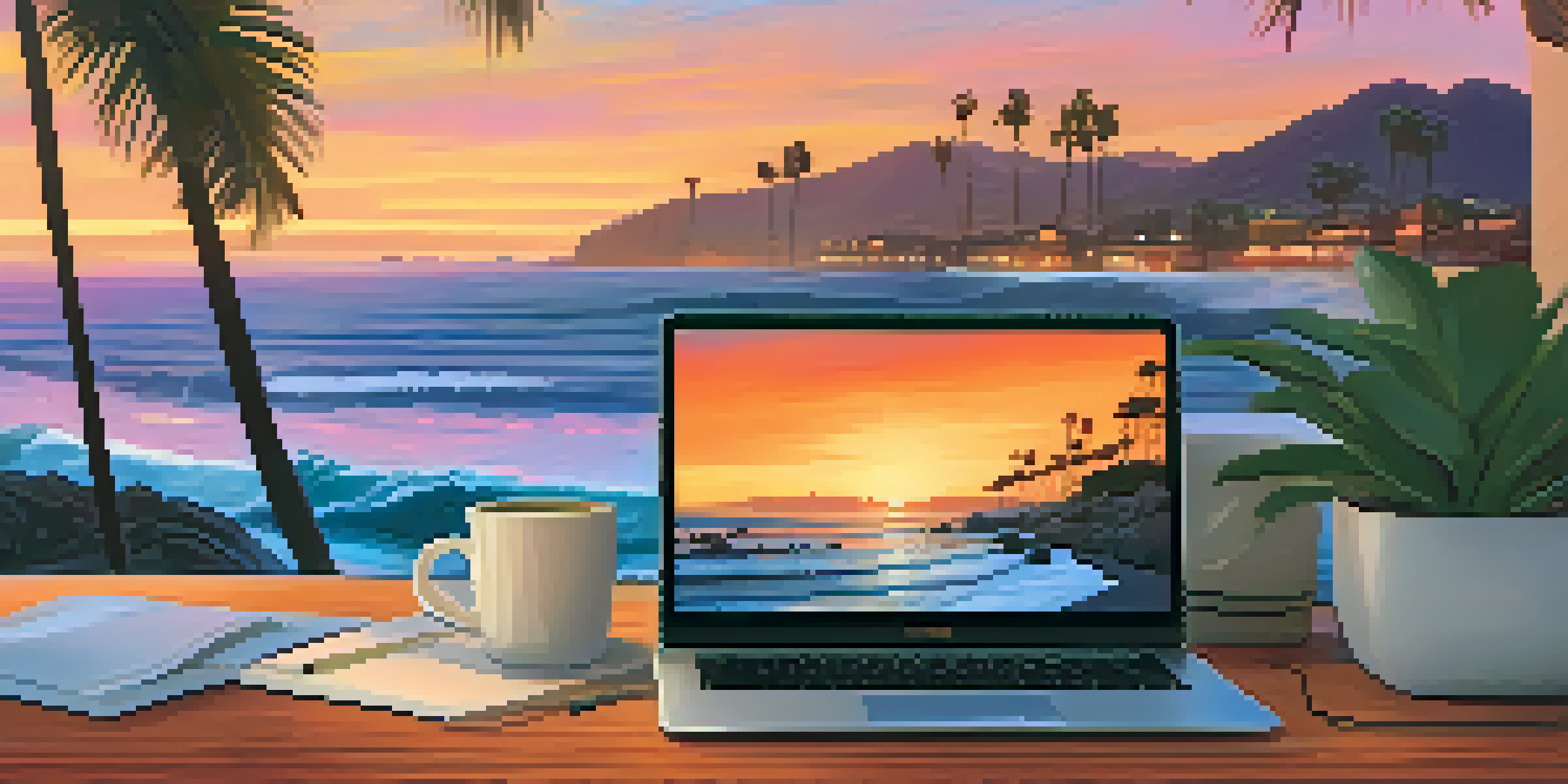 A peaceful Malibu beach at sunset, with a wooden deck workspace including a laptop and coffee, surrounded by palm trees.
