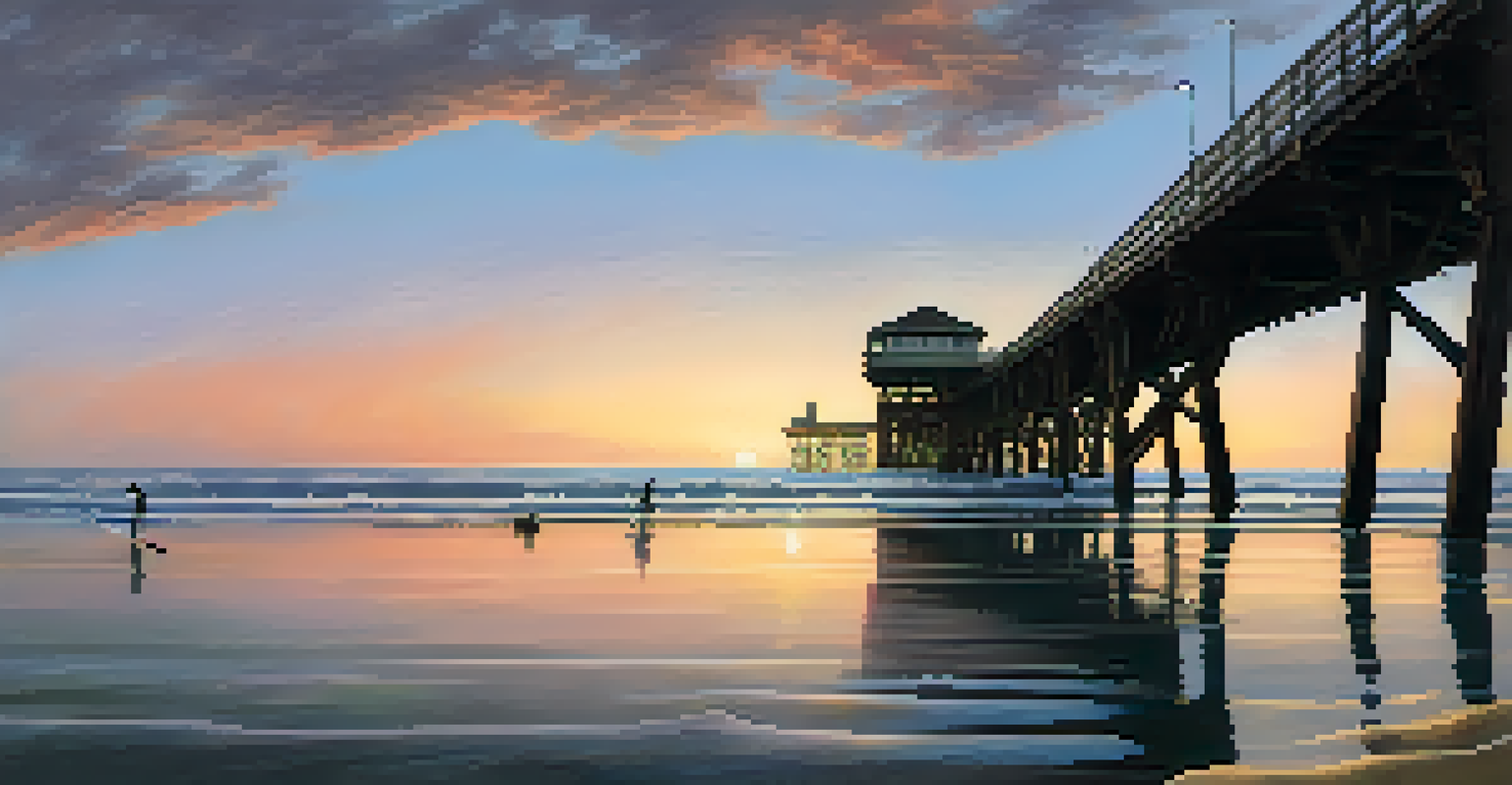 Early morning view of Malibu Pier with paddleboarders and dolphins in the water.