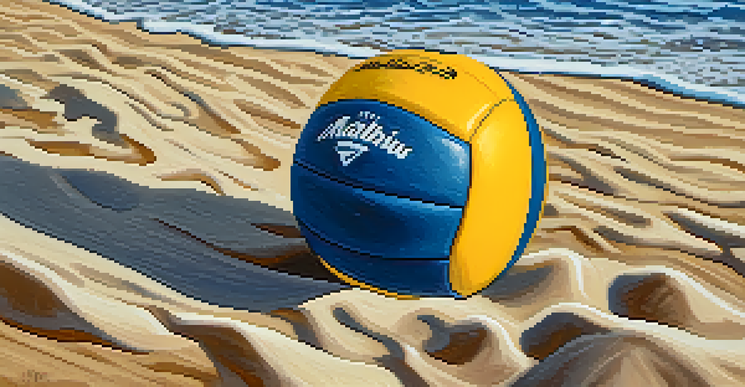 A close-up of a colorful beach volleyball on the sand with ocean waves in the background.