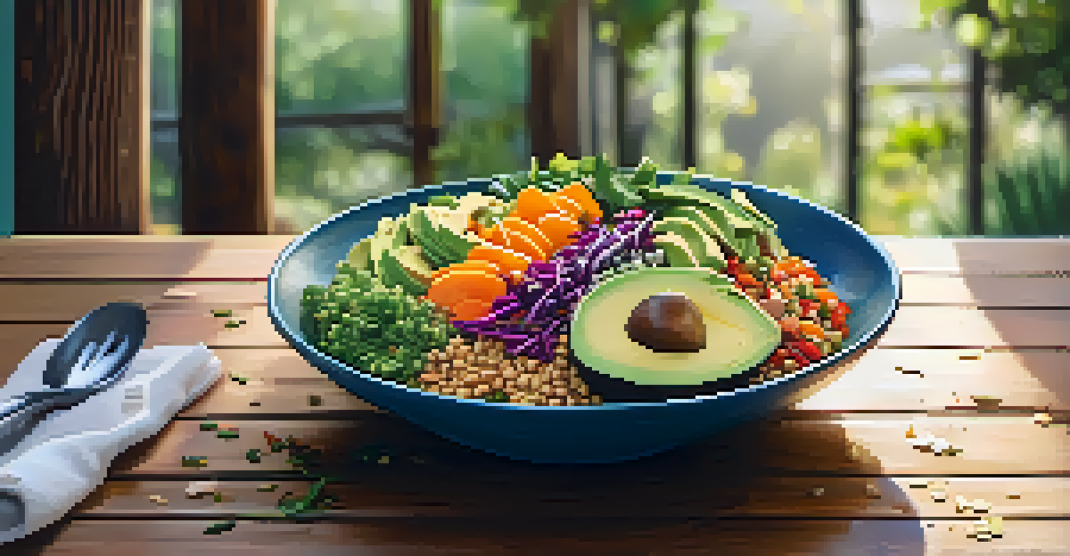 A vibrant vegan grain bowl with fresh vegetables and avocado on a rustic wooden table.
