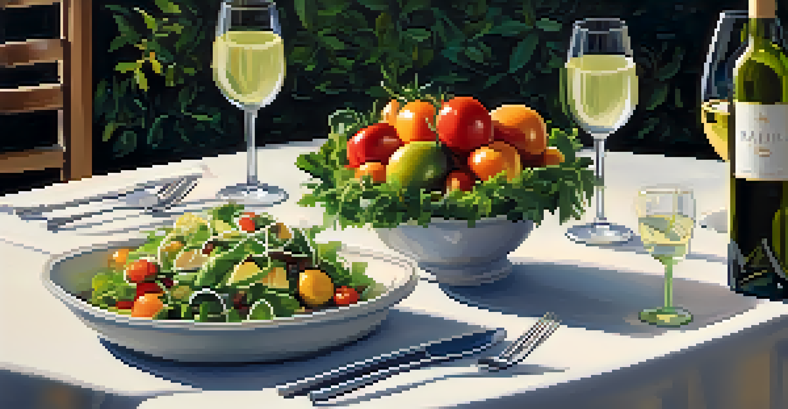 A dining table set with a fresh salad and a glass of Chardonnay, decorated with flowers and candles.