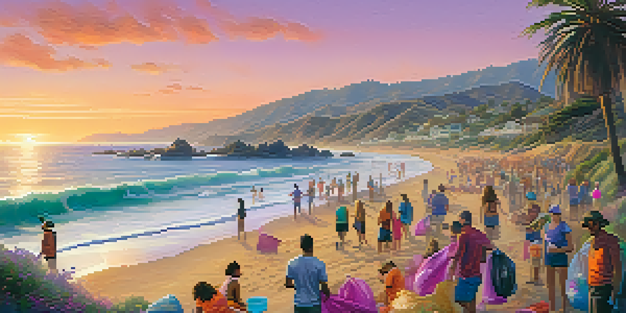 A scenic sunset view of Malibu's beach with people engaged in a beach cleanup activity.