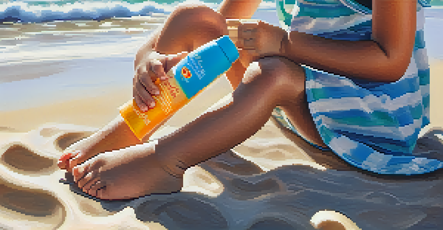 A hand applying sunscreen on a child's arm at the beach, with bright sunlight and ocean waves in the background.