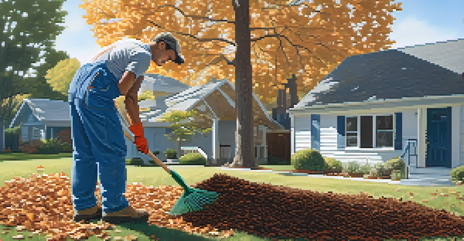 A person cleaning their yard to prepare for wildfire season, with a clear sky in the background.