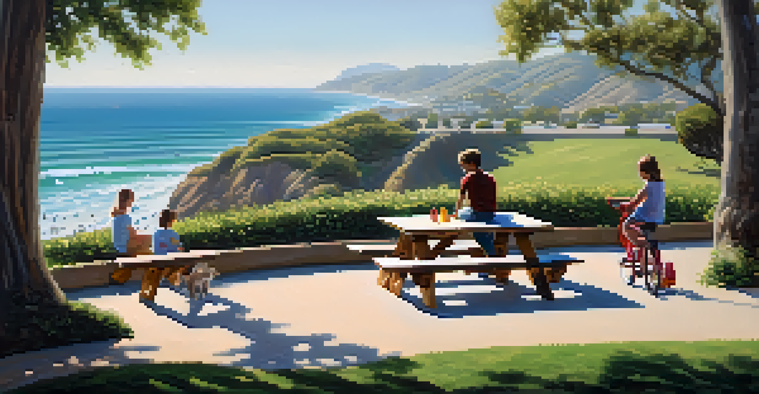 A family at a picnic table in a park with children playing nearby and an ocean view.