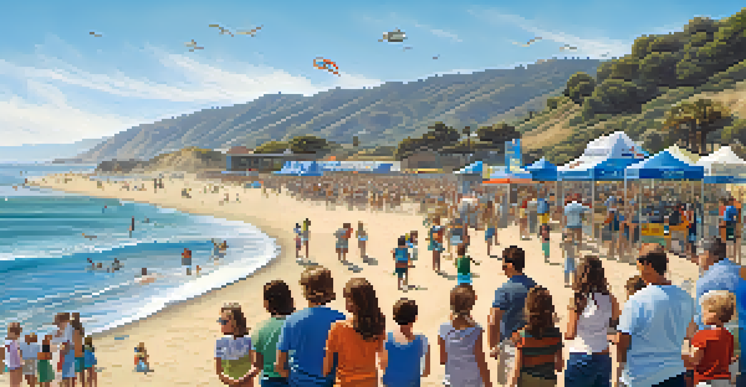 Families participating in a community conservation event on Malibu beach, with an educational booth in view.
