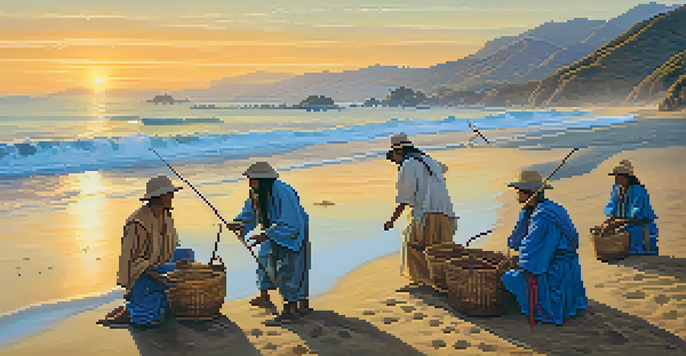 A picturesque view of Malibu's coastline with Chumash people fishing, traditional attire, and a sunset casting a warm glow.