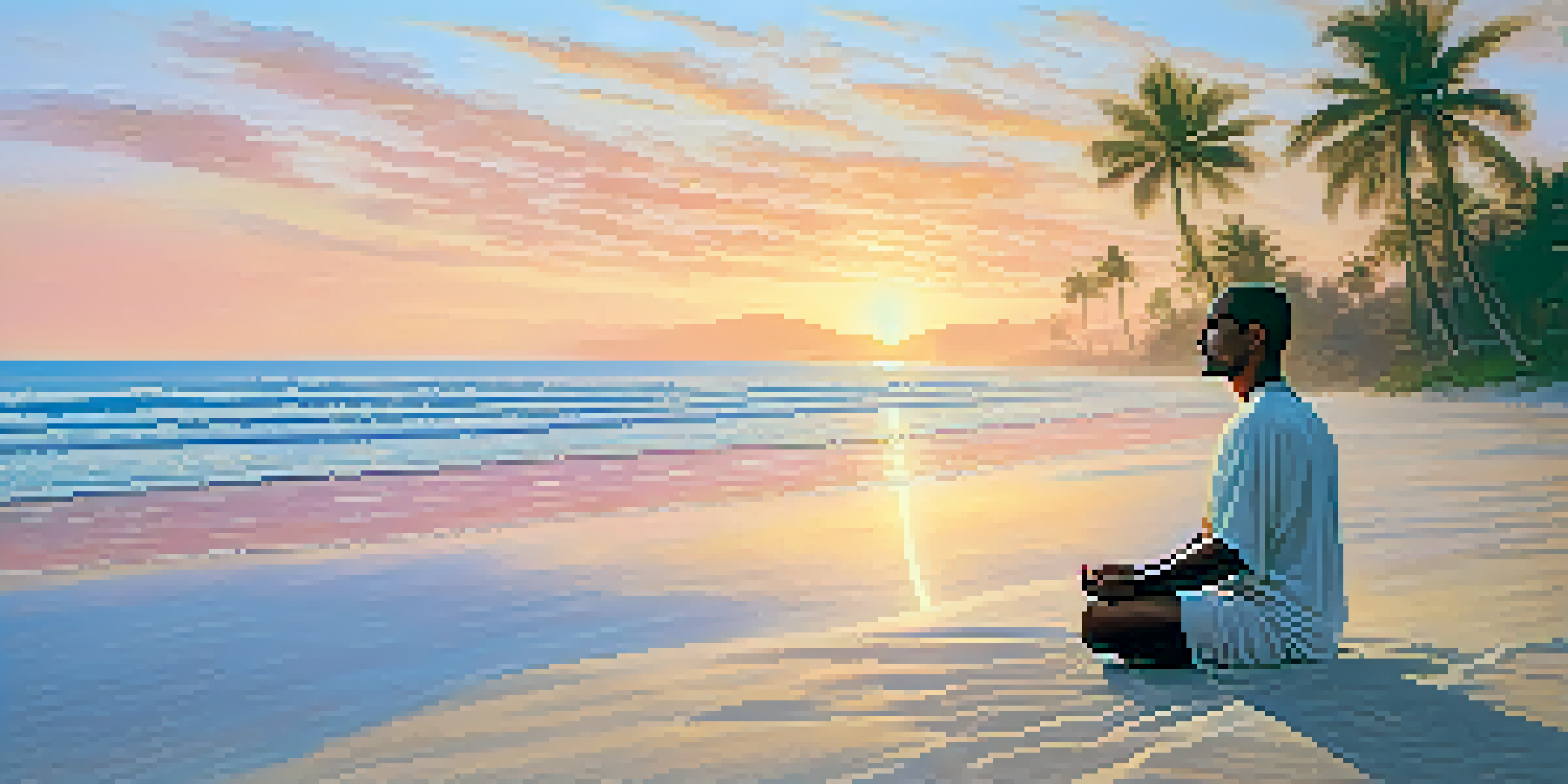 A person practicing yoga on a beach during sunrise, with gentle waves and colorful sky.