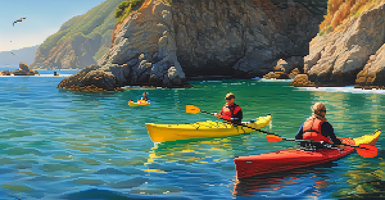 Travelers kayaking in Malibu with dolphins near the coast under a bright sun.