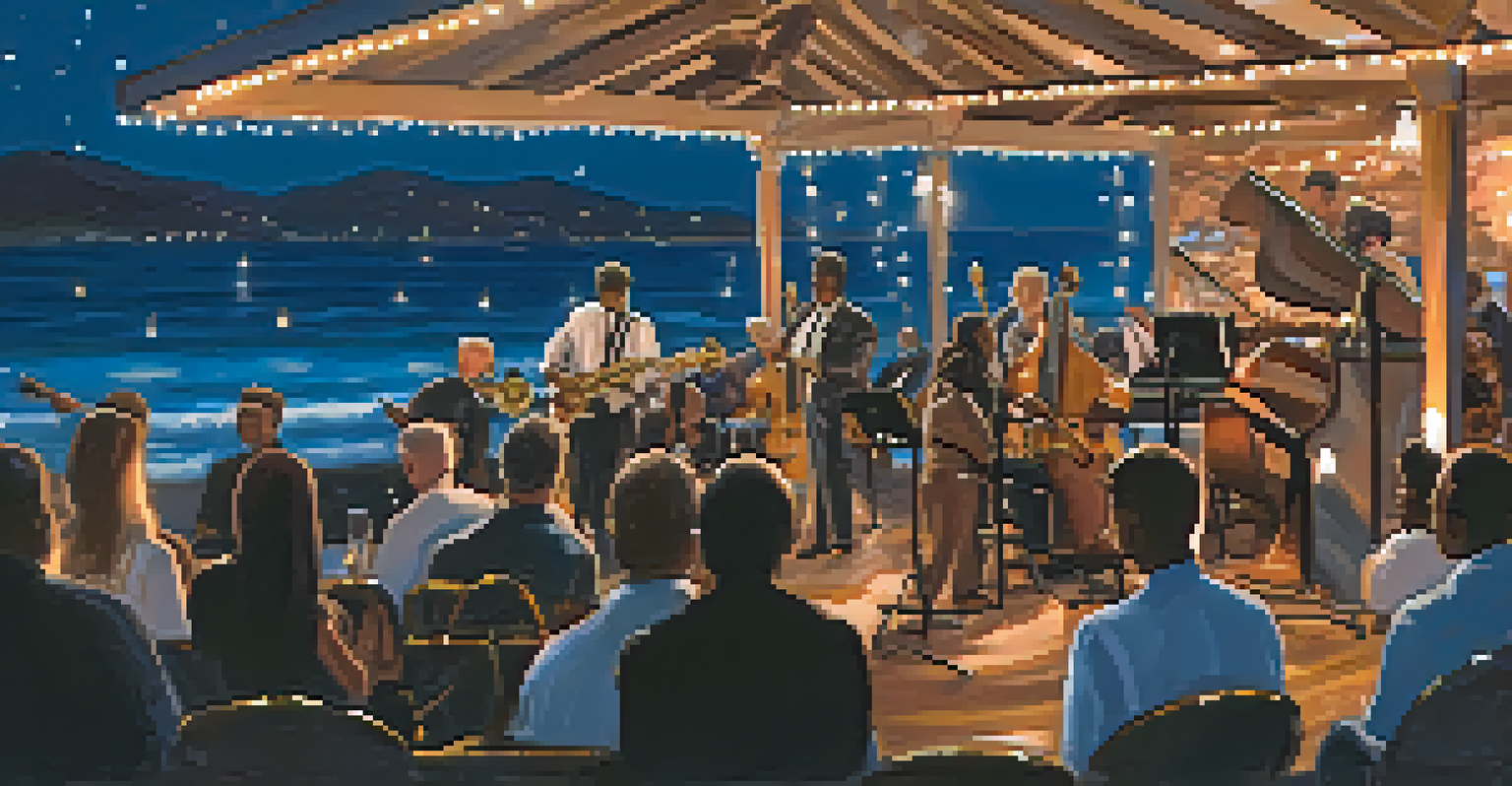 A jazz band performing on stage at the Malibu Jazz & Blues Festival with an engaged audience.