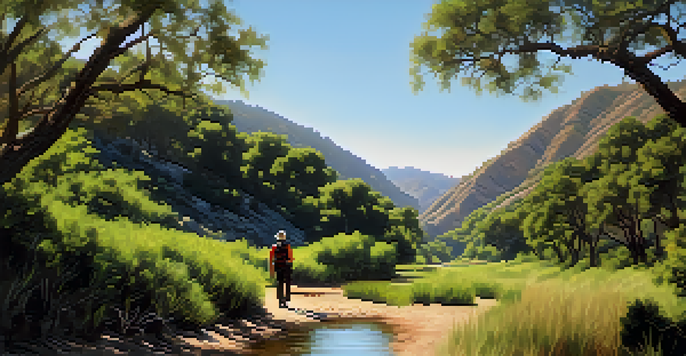 A hiker on a lush trail in Malibu Creek State Park, surrounded by oak trees and a beautiful creek.