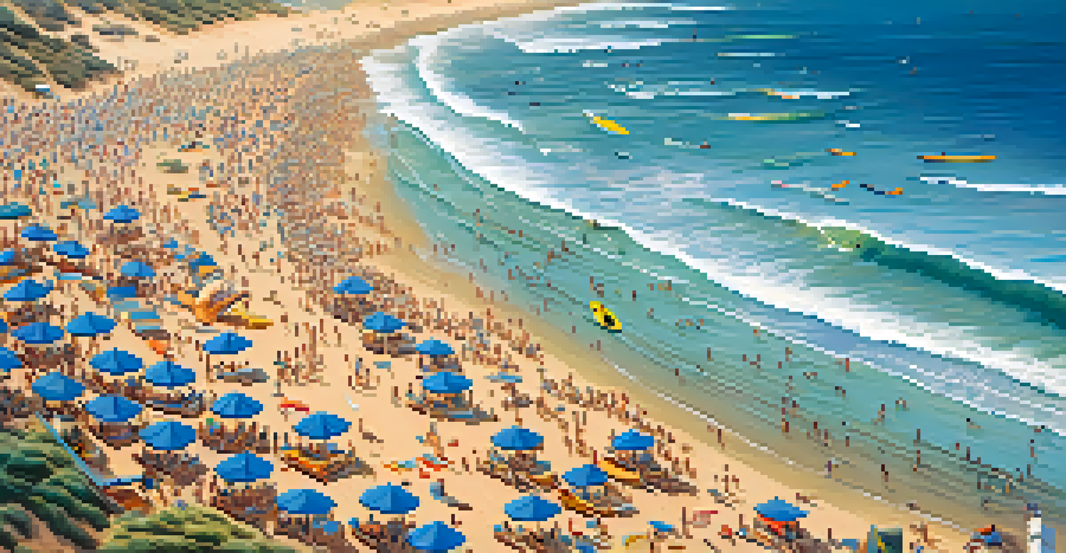 Aerial view of surfers competing on Malibu's waves with a crowd on the beach.