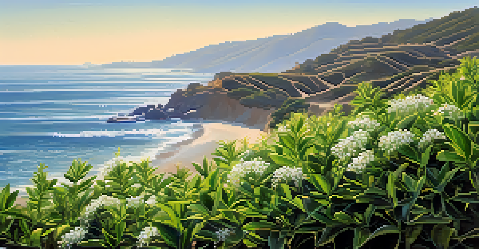 Close-up of a native coastal plant in Malibu with ocean waves in the background.