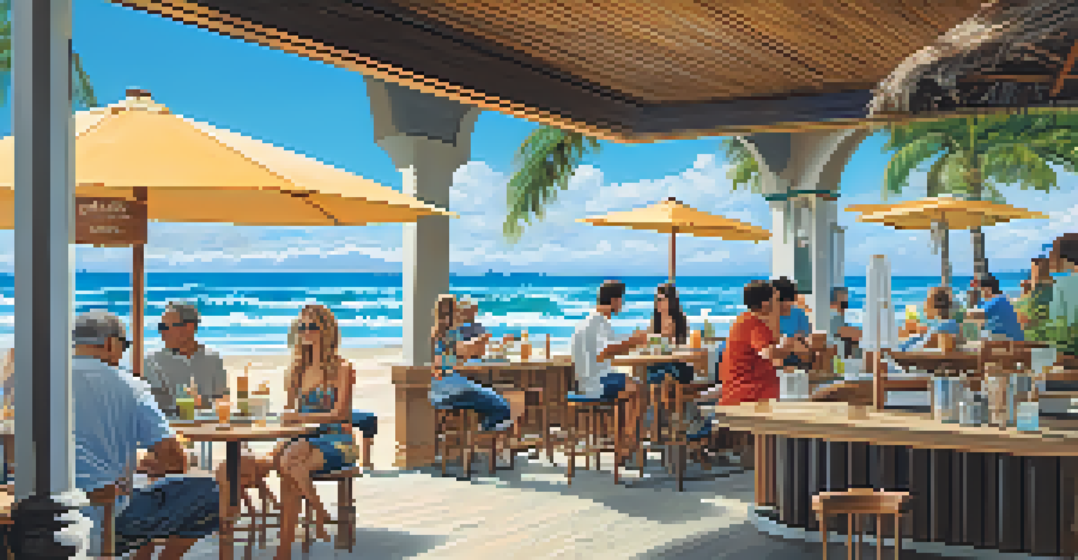 Nalu Health Bar & Cafe with happy customers enjoying smoothies and acai bowls by the beach.