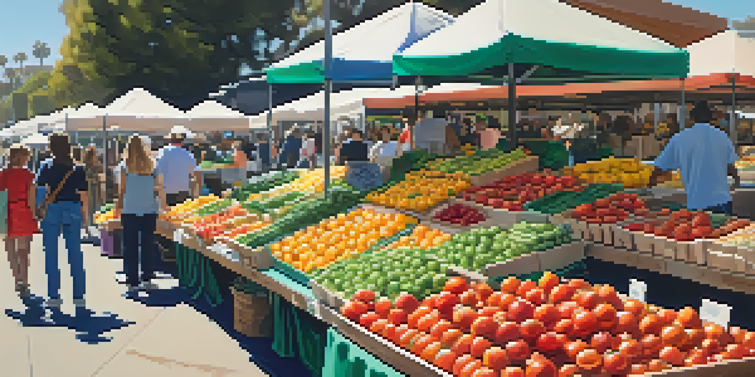 A lively farmers market filled with colorful fresh produce and people interacting with vendors under a sunny sky.