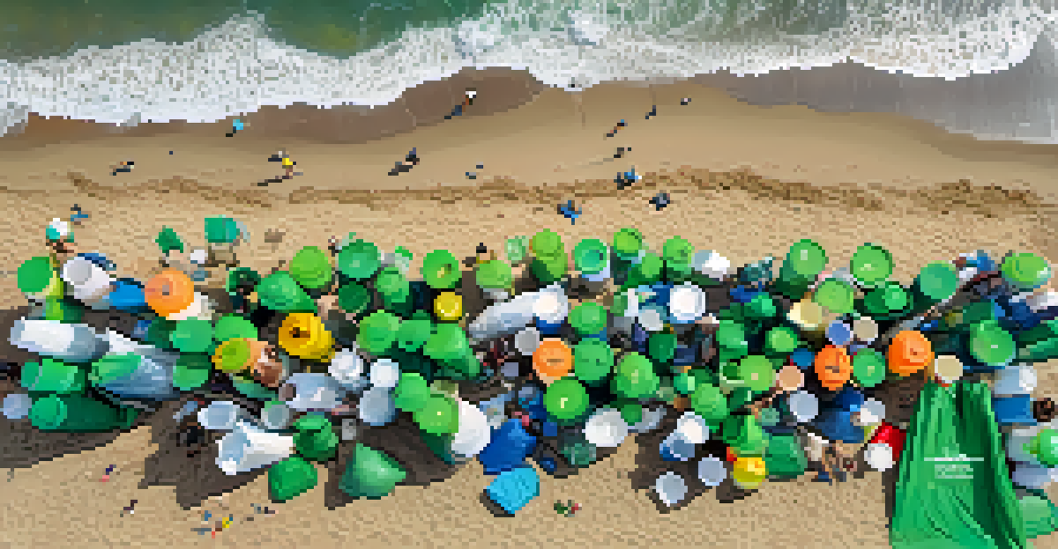 An aerial view of Malibu beach showing volunteers collecting trash, with clear ocean water and green hills in the background.