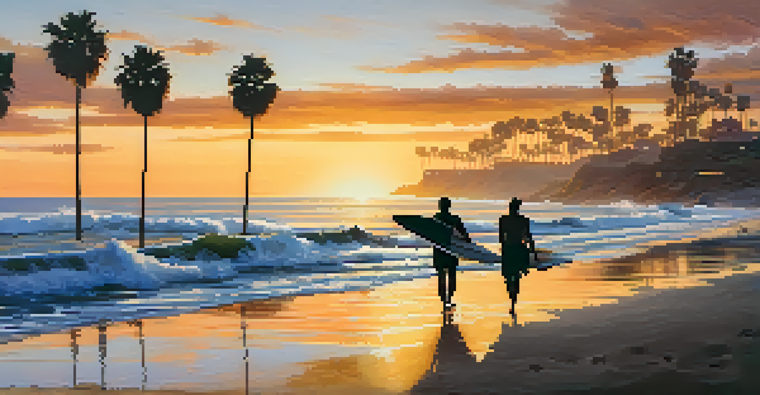A beautiful sunset over Malibu Beach, with golden light reflecting on the ocean and silhouetted palm trees, featuring a surfer walking along the shore.