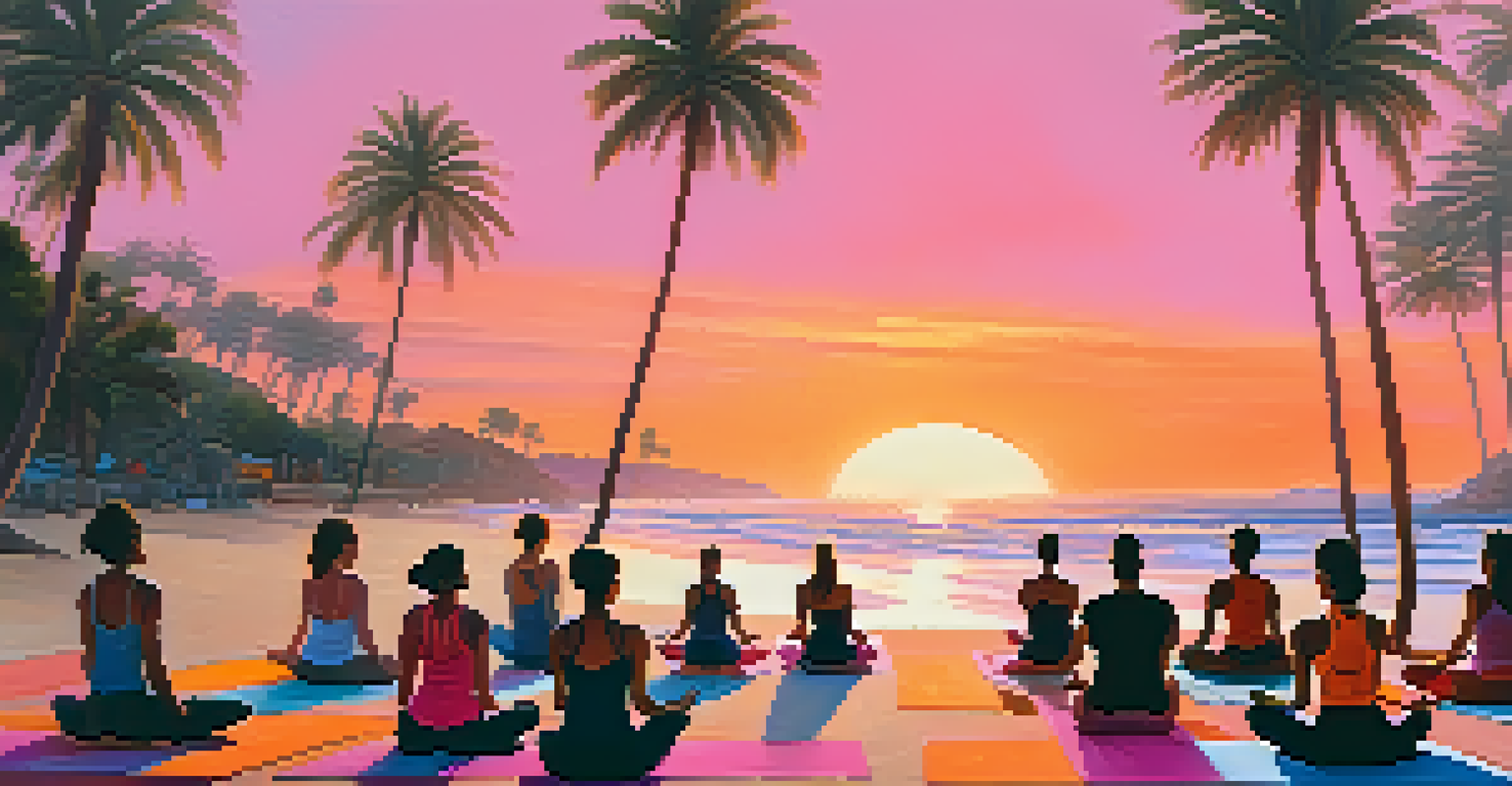 Participants practicing yoga on a Malibu beach during sunset, surrounded by colorful skies and ocean waves.