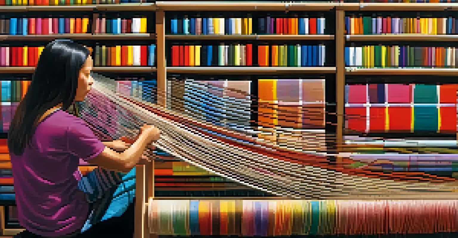 A close-up of a textile artist's hands weaving on a loom, surrounded by colorful threads and natural dyes, highlighting the intricate techniques of textile art.