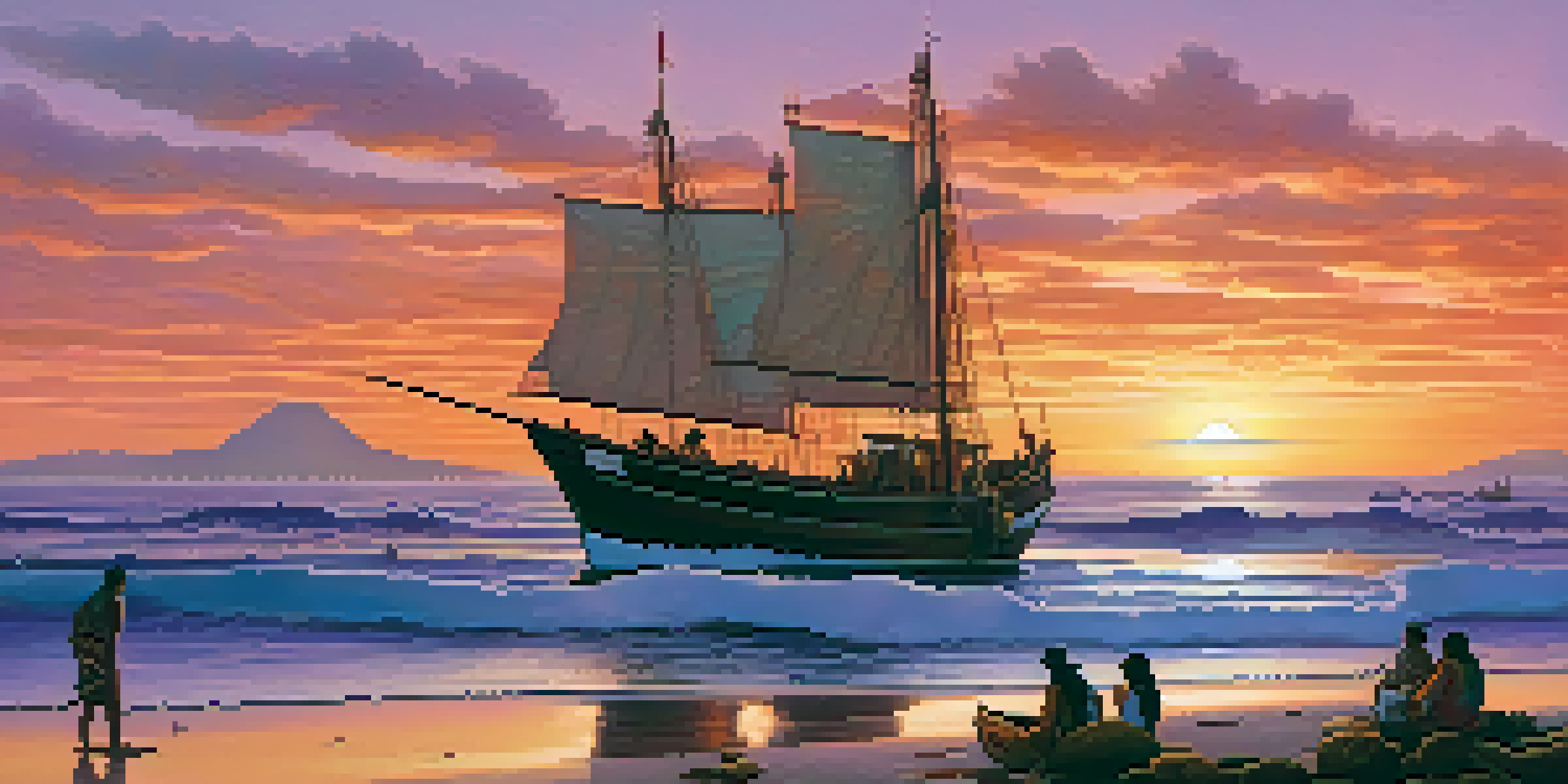 A peaceful coastal scene with a Chumash fishing boat at sunset, surrounded by people gathering seafood.
