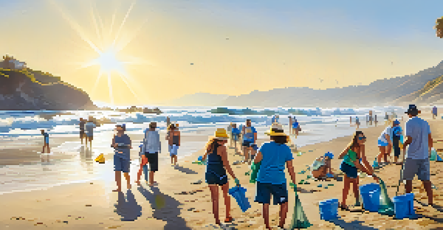 Eco-tourists cleaning Malibu beach, showcasing community involvement in conservation efforts.