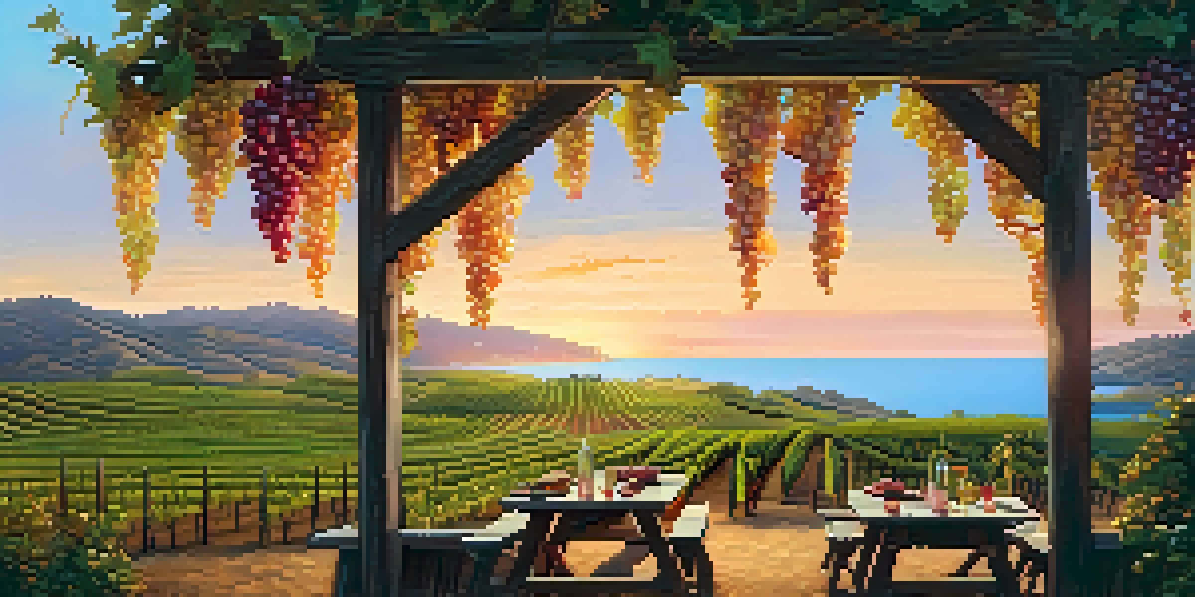 A vineyard in Malibu at sunset with grapevines and a picnic table featuring wine and glasses.