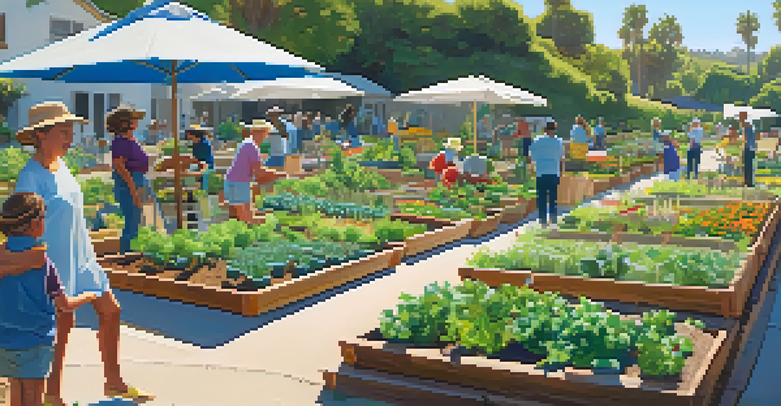 Residents working together in a community garden, planting and harvesting vegetables under the sun.