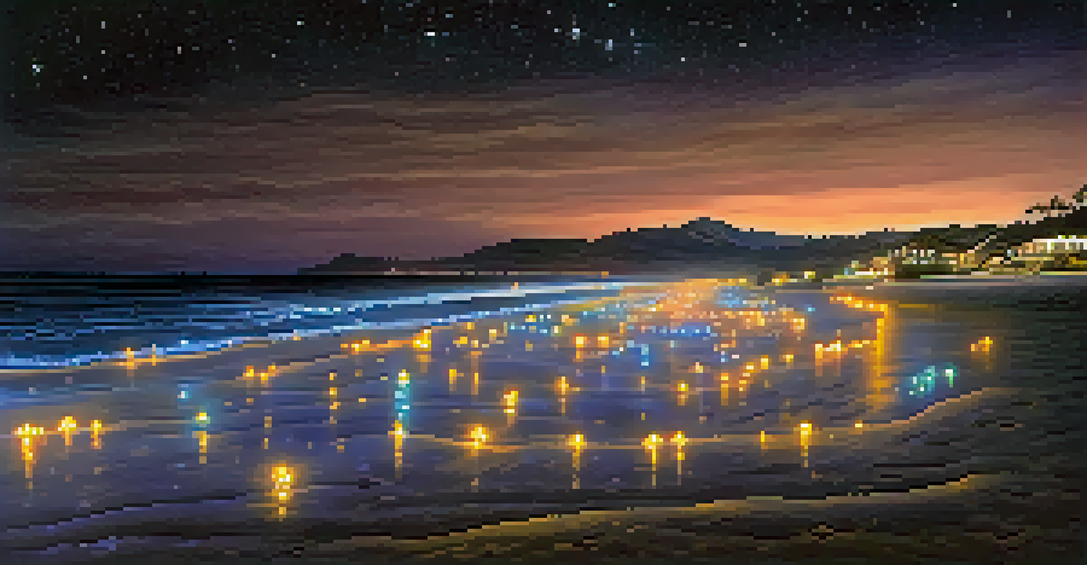 A nighttime beach scene with glowing lights from the 'Luminous Sea' art exhibit under a starry sky.