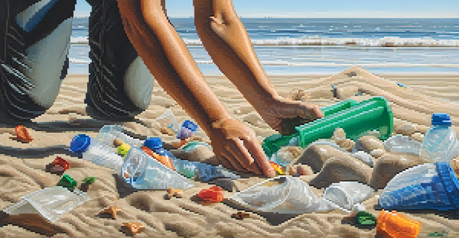 A volunteer's hands collecting plastic waste from the sandy beach, with the shimmering ocean in the background.