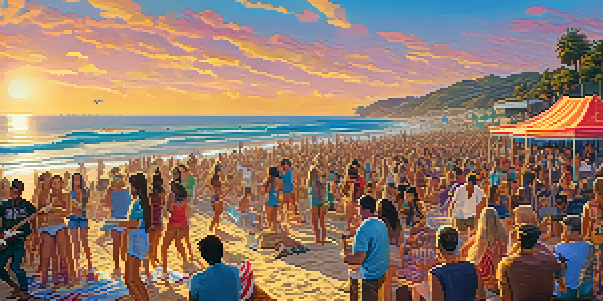 A lively beach festival scene with a diverse crowd enjoying live music during sunset.