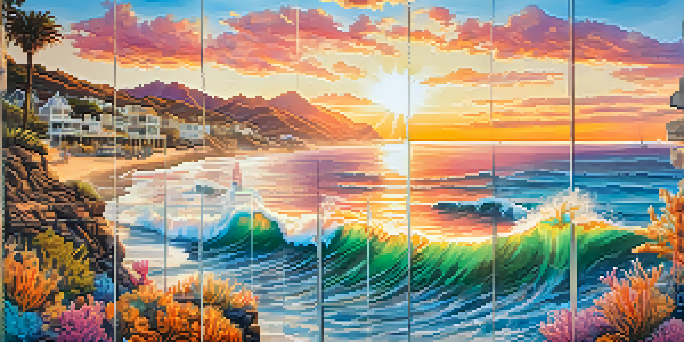 A colorful street art mural featuring marine life and coastal landscapes in Malibu, with a sunset in the background.