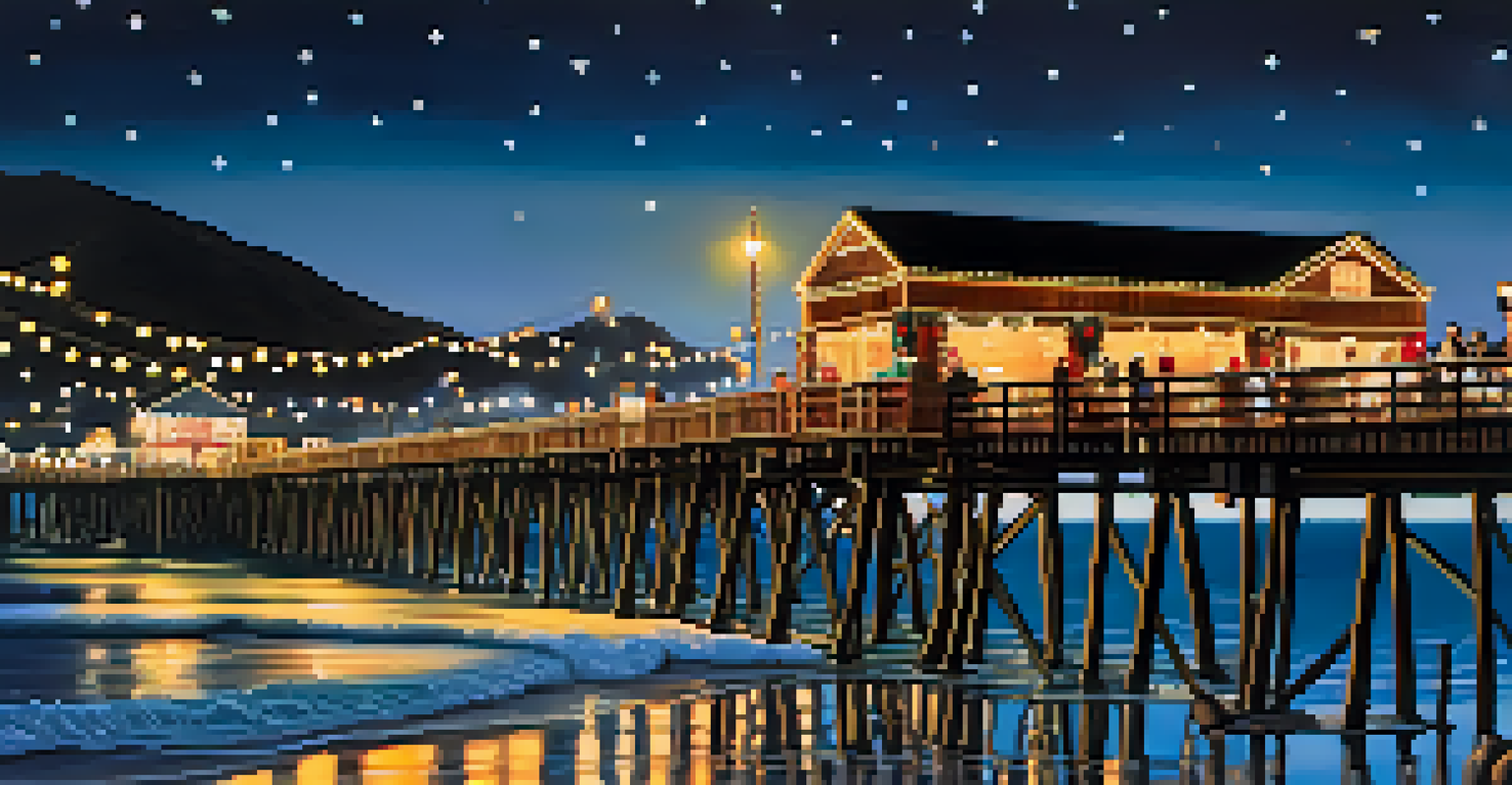 A beautiful nighttime display of holiday lights at Malibu Pier, with people walking along and enjoying the festive atmosphere.