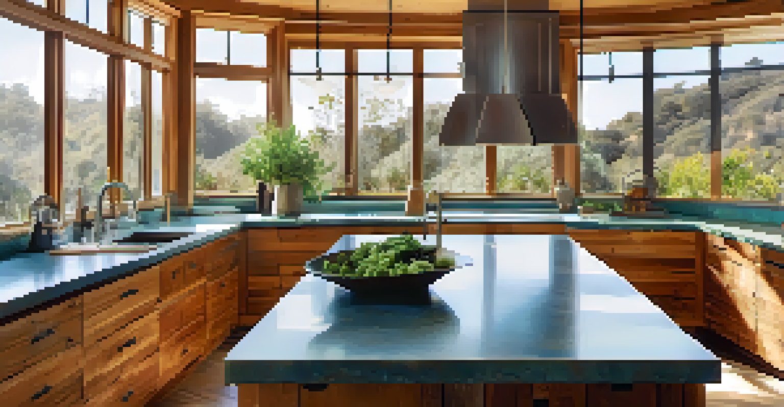 A close-up view of an eco-friendly kitchen with reclaimed wood cabinets and a recycled glass countertop.