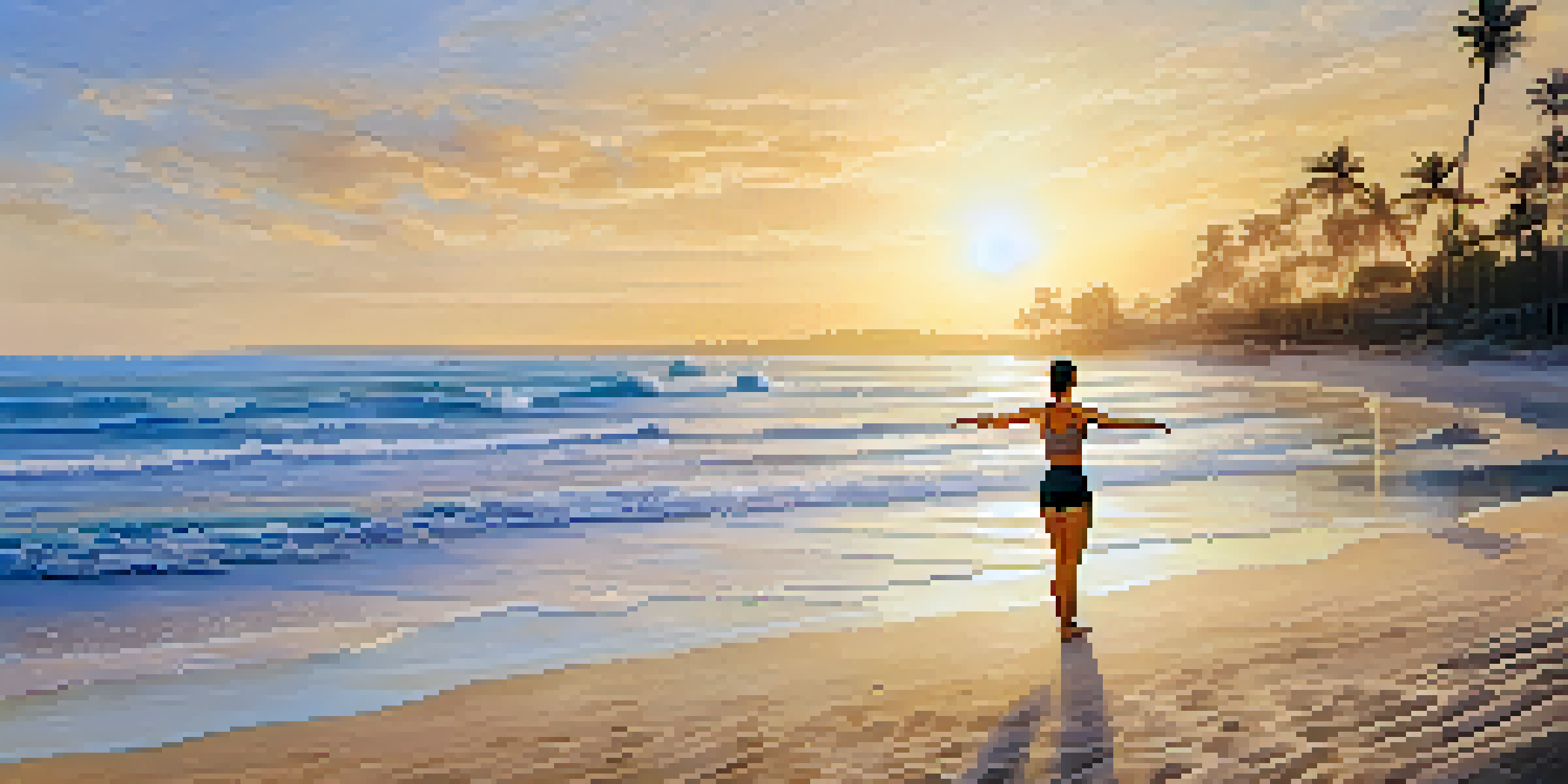 A group of beginners practicing yoga on a sandy beach at sunrise, with ocean waves and palm trees in the background.