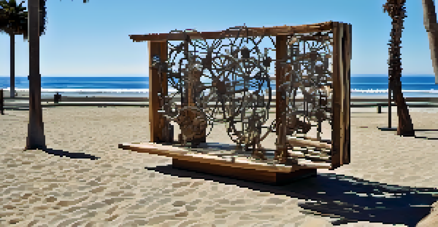 An outdoor art installation made from recycled materials, featuring sculptures of driftwood and metals set against a sunny Malibu backdrop.