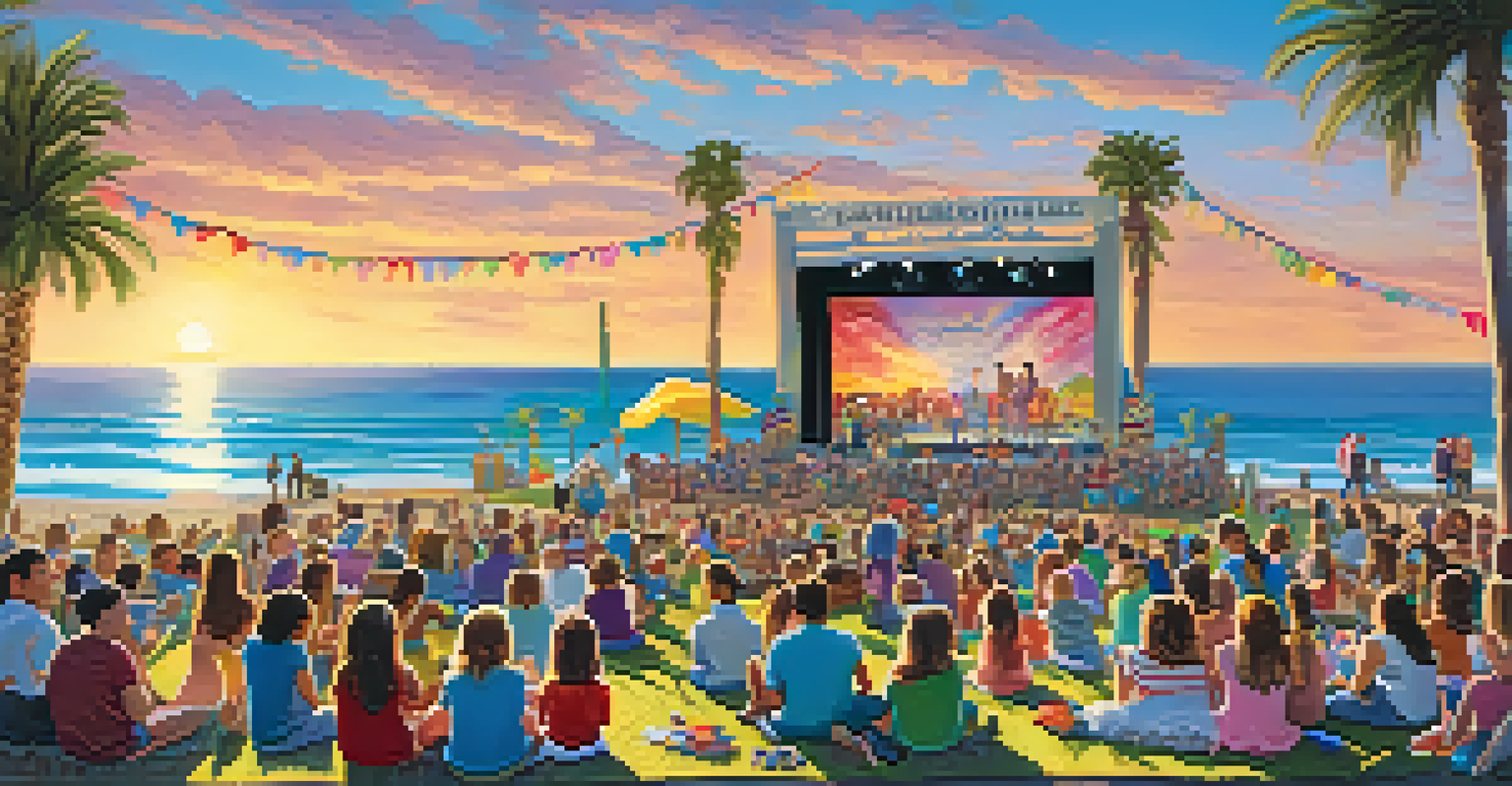 A family-friendly outdoor concert in Malibu with children participating in crafts and families enjoying the music.