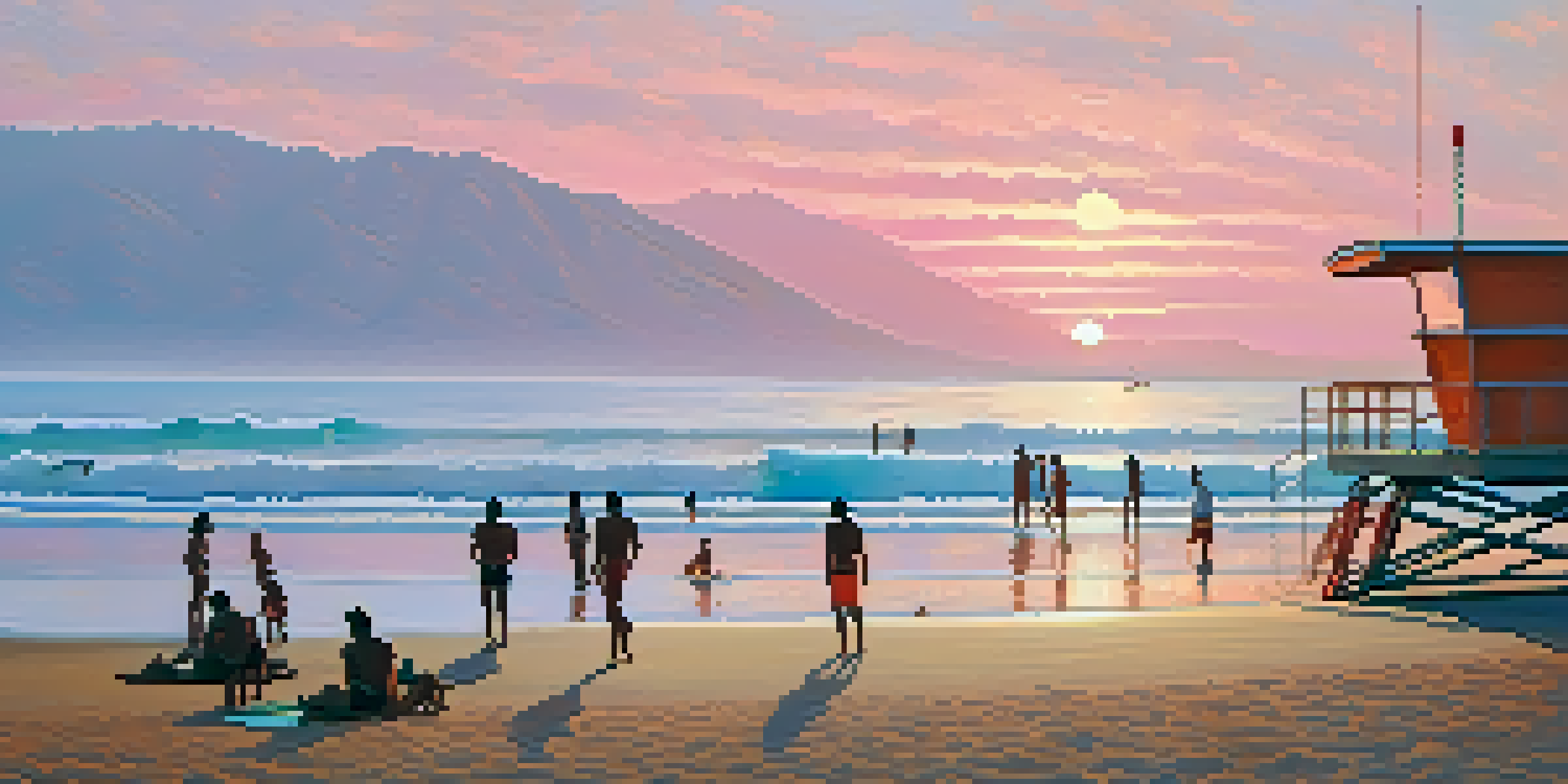 A peaceful sunrise at Zuma Beach with gentle waves and beginner surfers, surrounded by soft pink and orange skies.