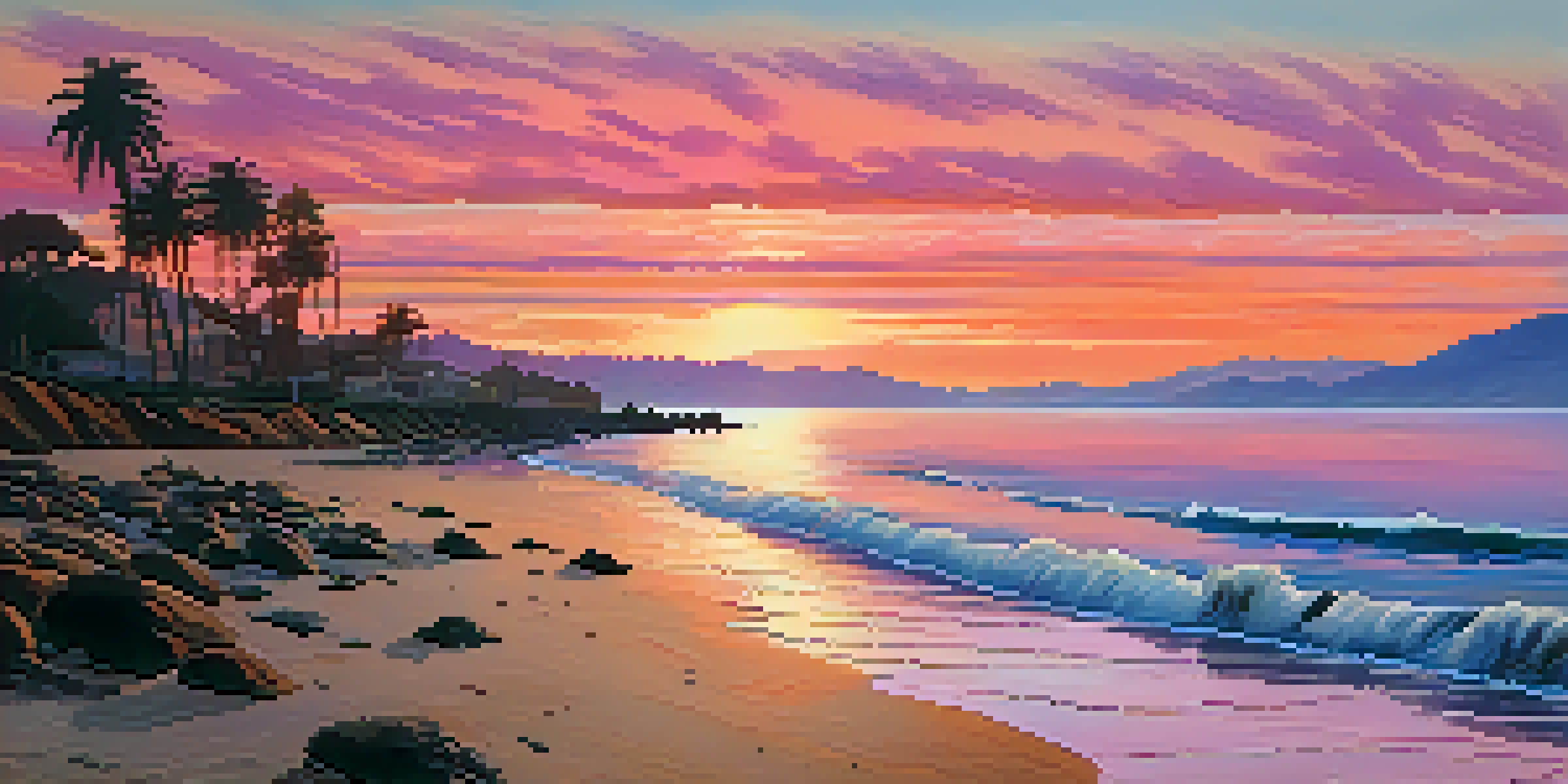 A scenic view of Malibu's coastline during sunset with vibrant colors in the sky and a sandy beach.