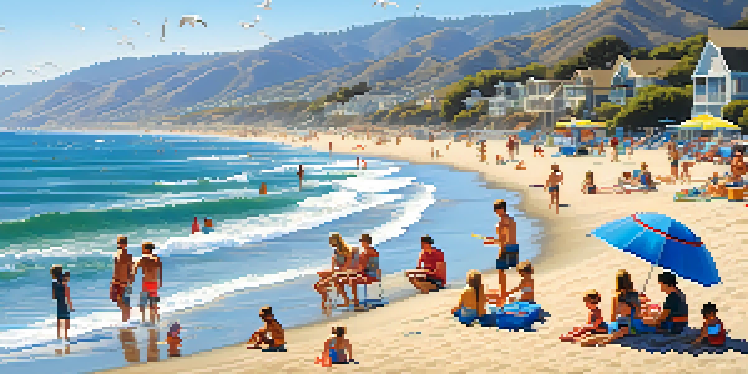 Families at Zuma Beach, with children building sandcastles and parents relaxing under umbrellas, set against a sunny sky and sparkling ocean.