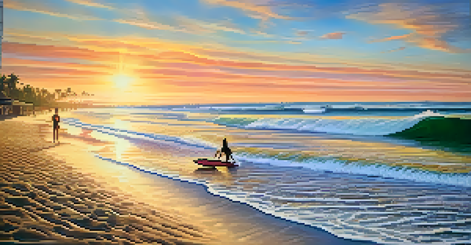 Close-up of a colorful surfboard on the beach with surfers in the background and a sunset.