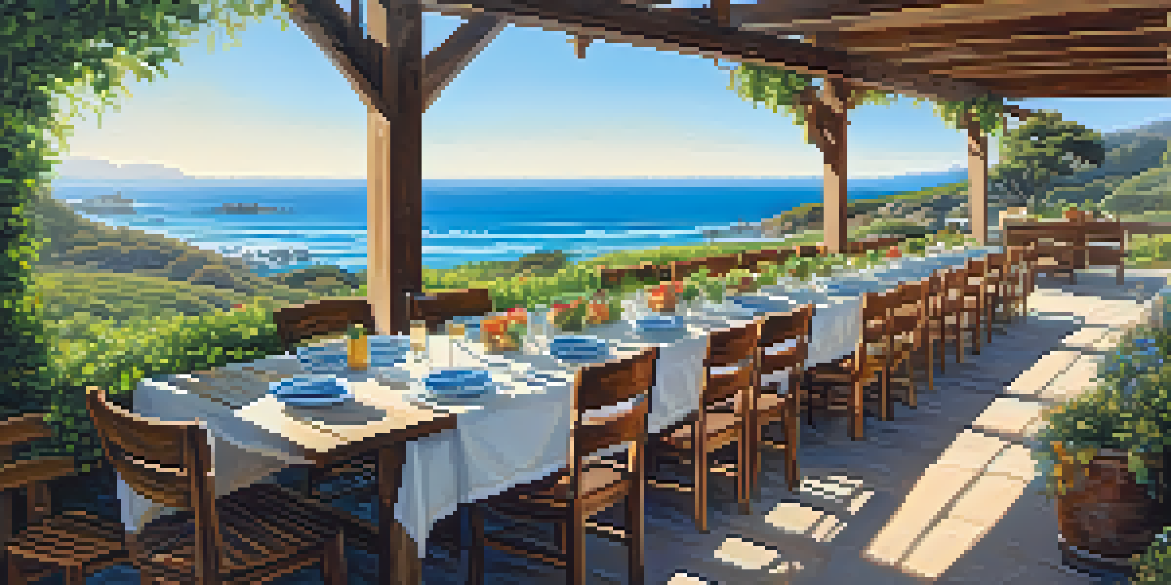 An outdoor dining area at Malibu Farm with a wooden table filled with colorful organic dishes and a view of the ocean.