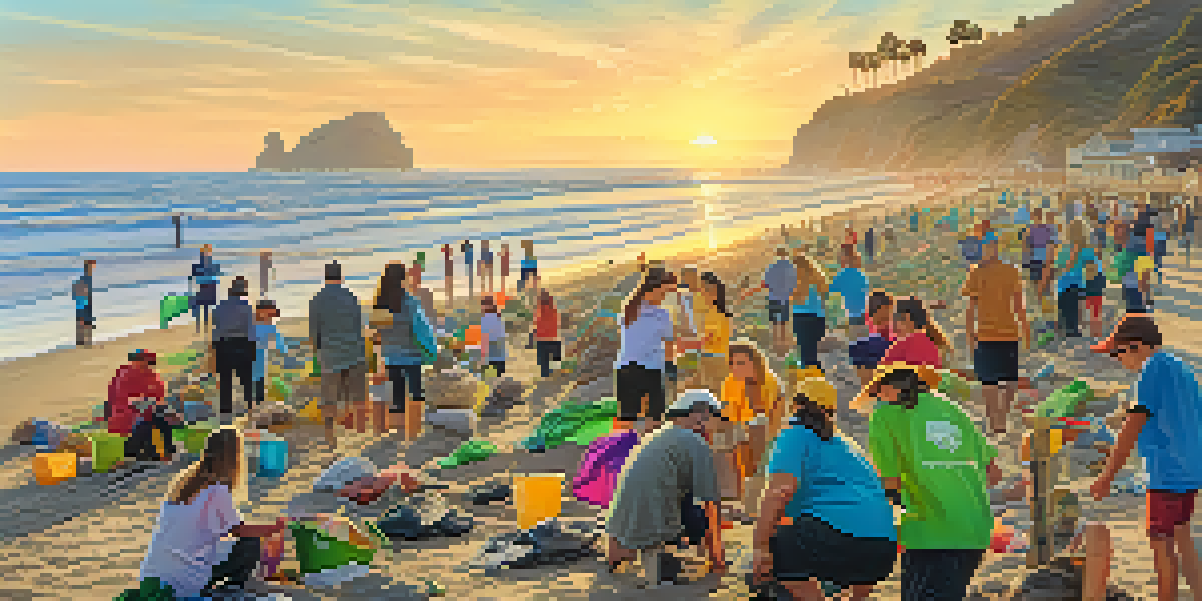 A diverse group of volunteers collecting trash on a Malibu beach during sunset, with colorful umbrellas and ocean waves in the background.