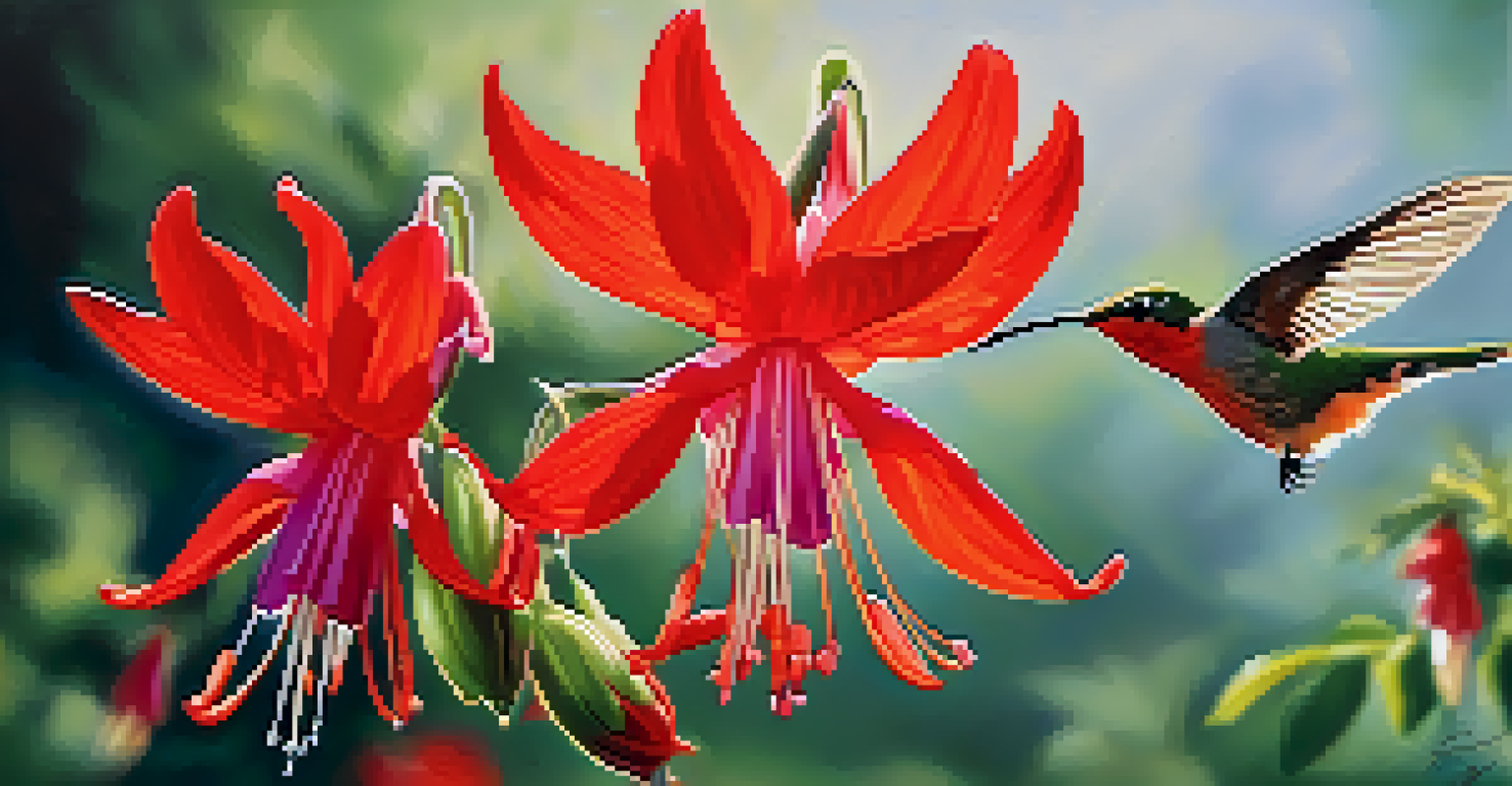 A close-up of a California fuchsia plant with bright red flowers, surrounded by green leaves and softly blurred butterflies in the background.