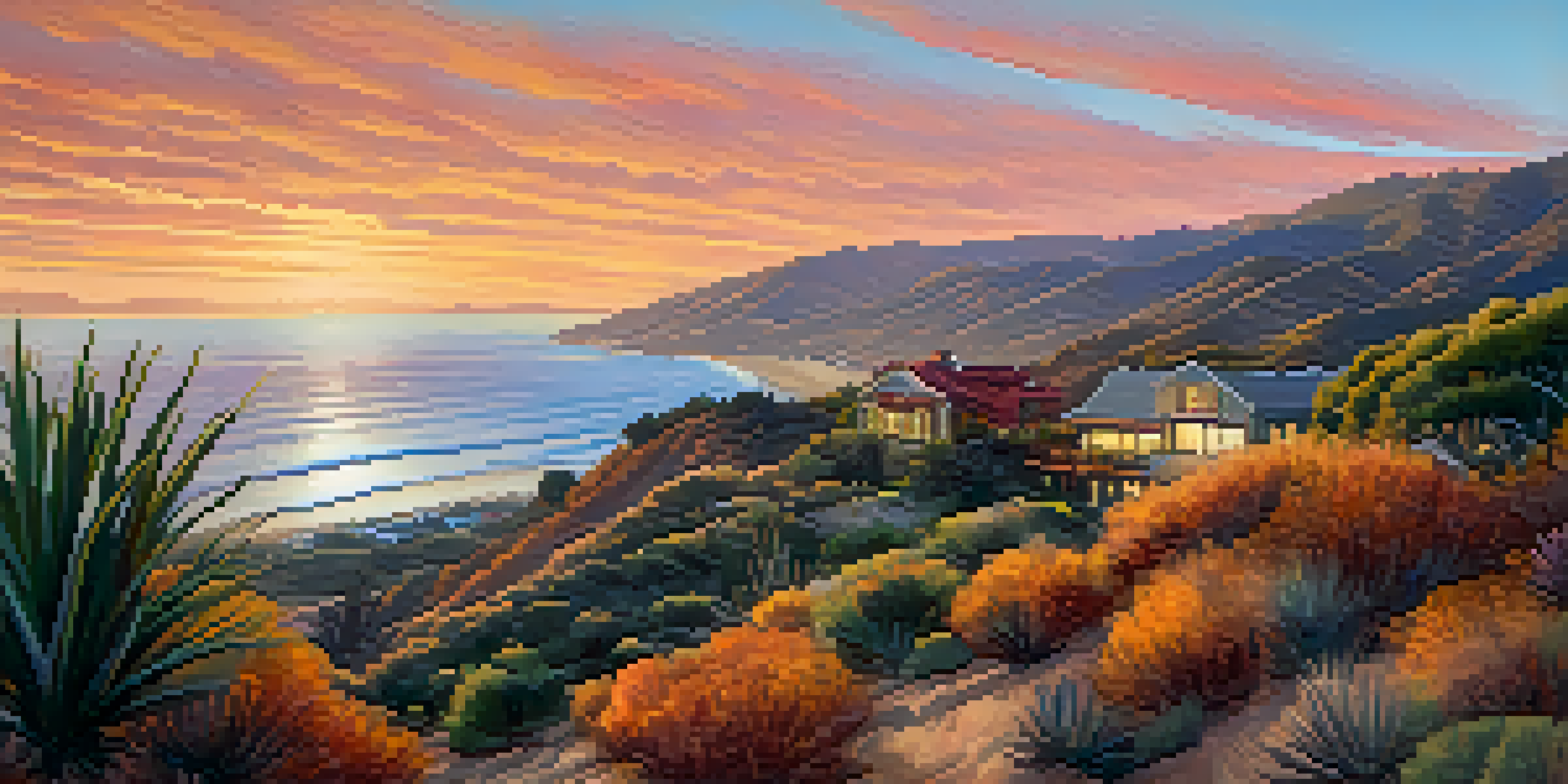 A panoramic view of Malibu's coast at sunset, highlighting the hills, dry vegetation, and homes along the shoreline, with a focus on fire-resistant plants.