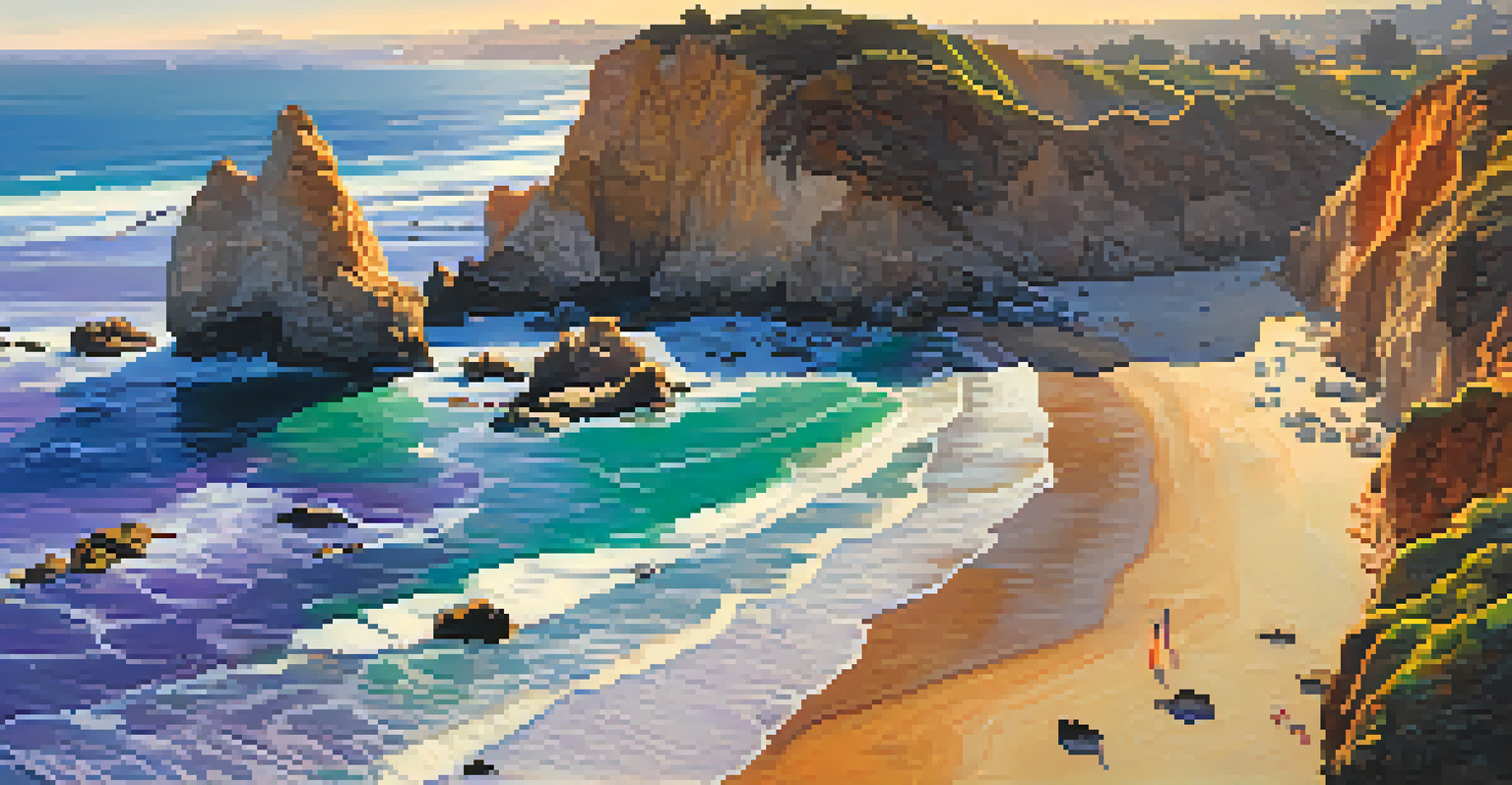 An aerial view of El Matador State Beach at sunset, featuring dramatic sea stacks and colorful sky.