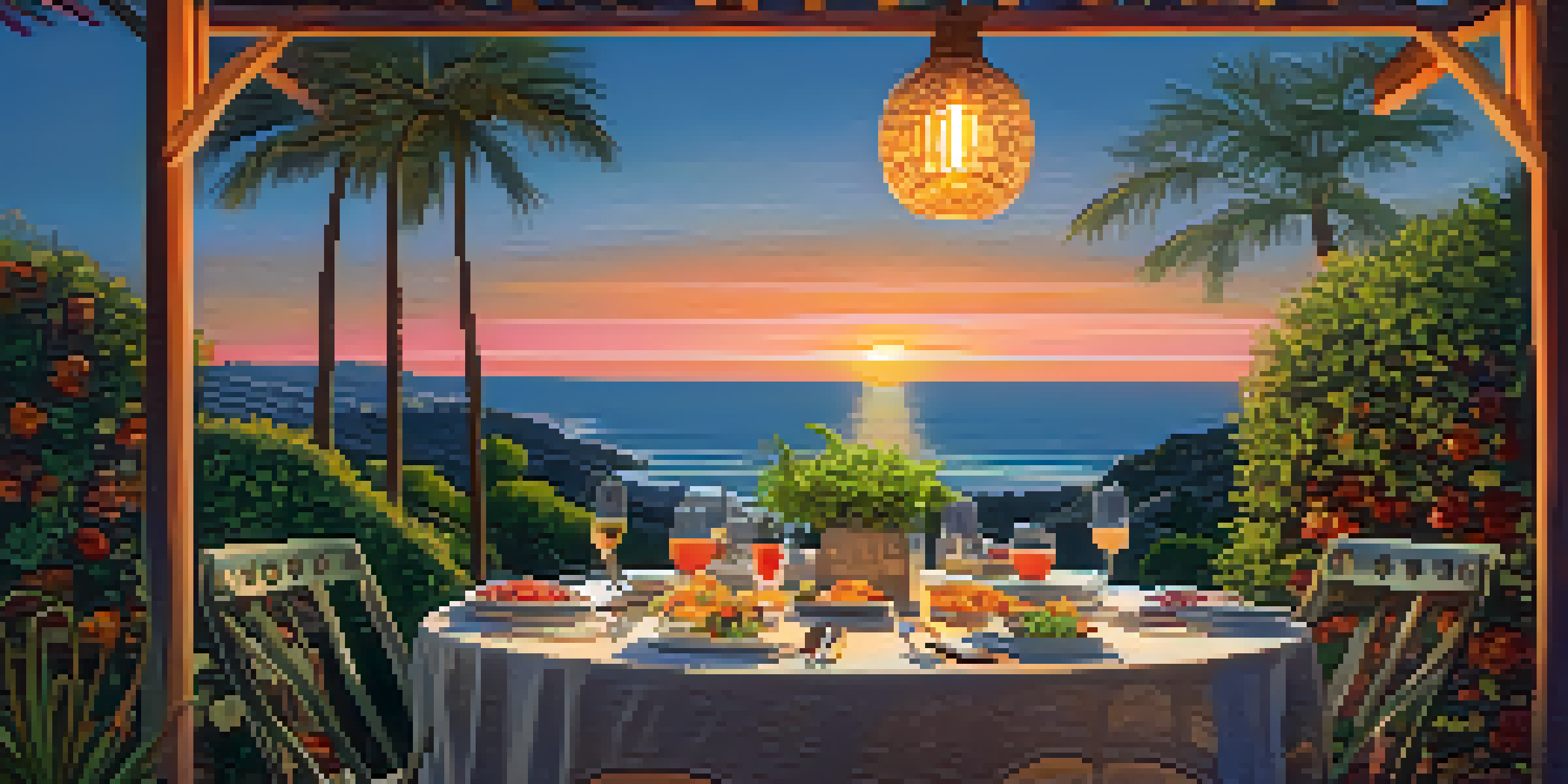 An outdoor dining table set at Café Bizou with colorful plant-based dishes and a sunset view.