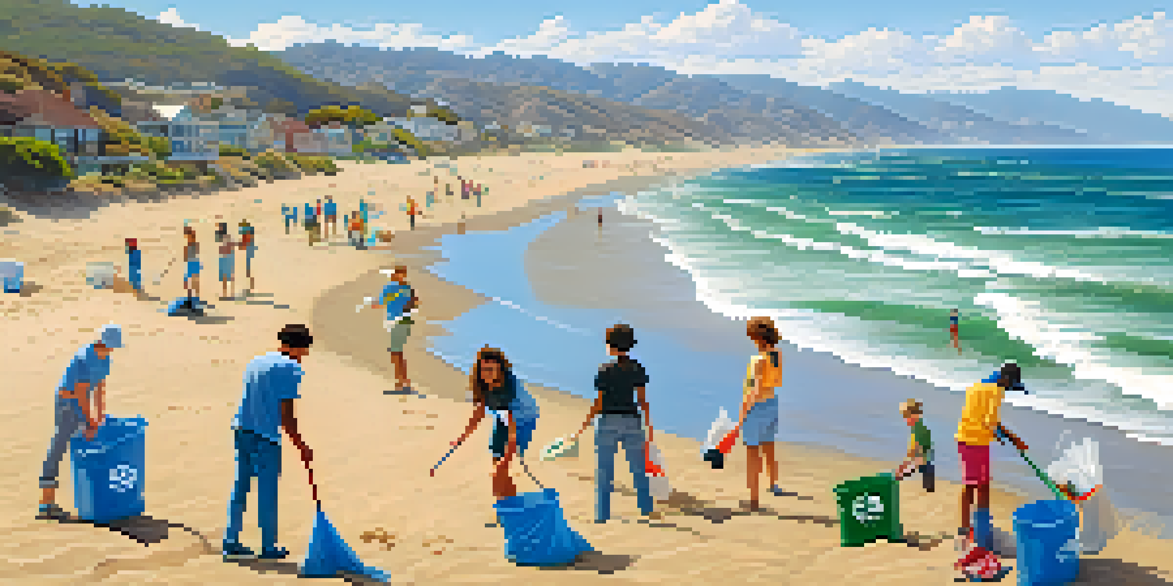 A group of diverse volunteers cleaning up a beach in Malibu, with the ocean in the background and a bright blue sky.